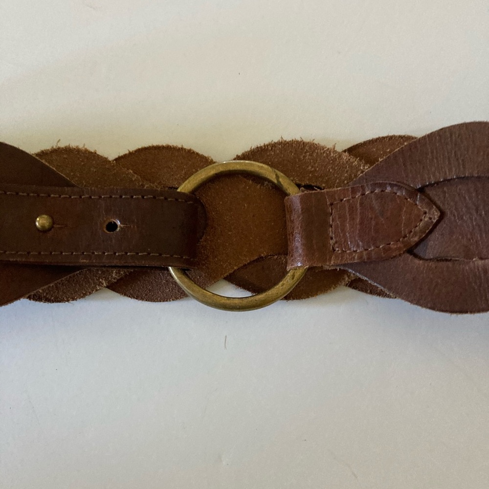 Wide Braid Brown Leather Women’s Belt L/XL Brass Buckle